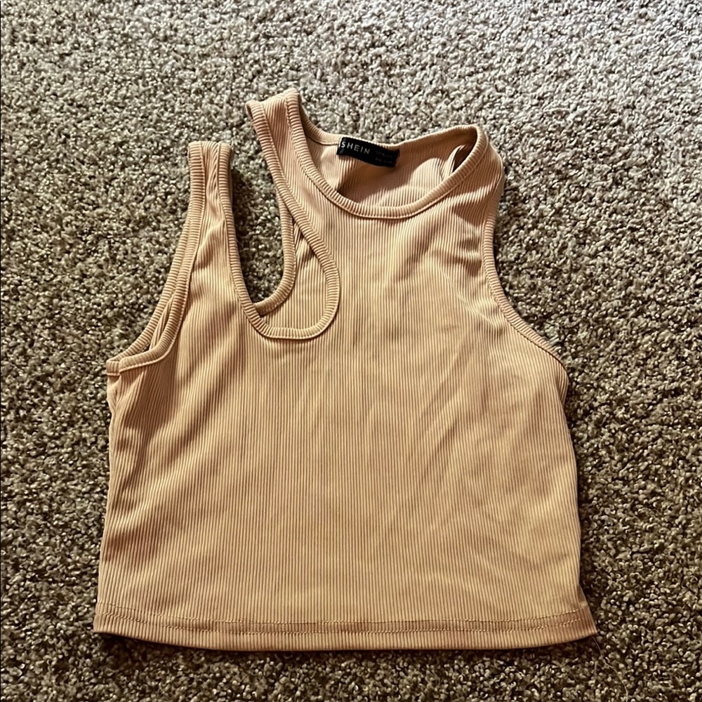 SHEIN Tan Sleeveless Crop Tank Top with Cut Out